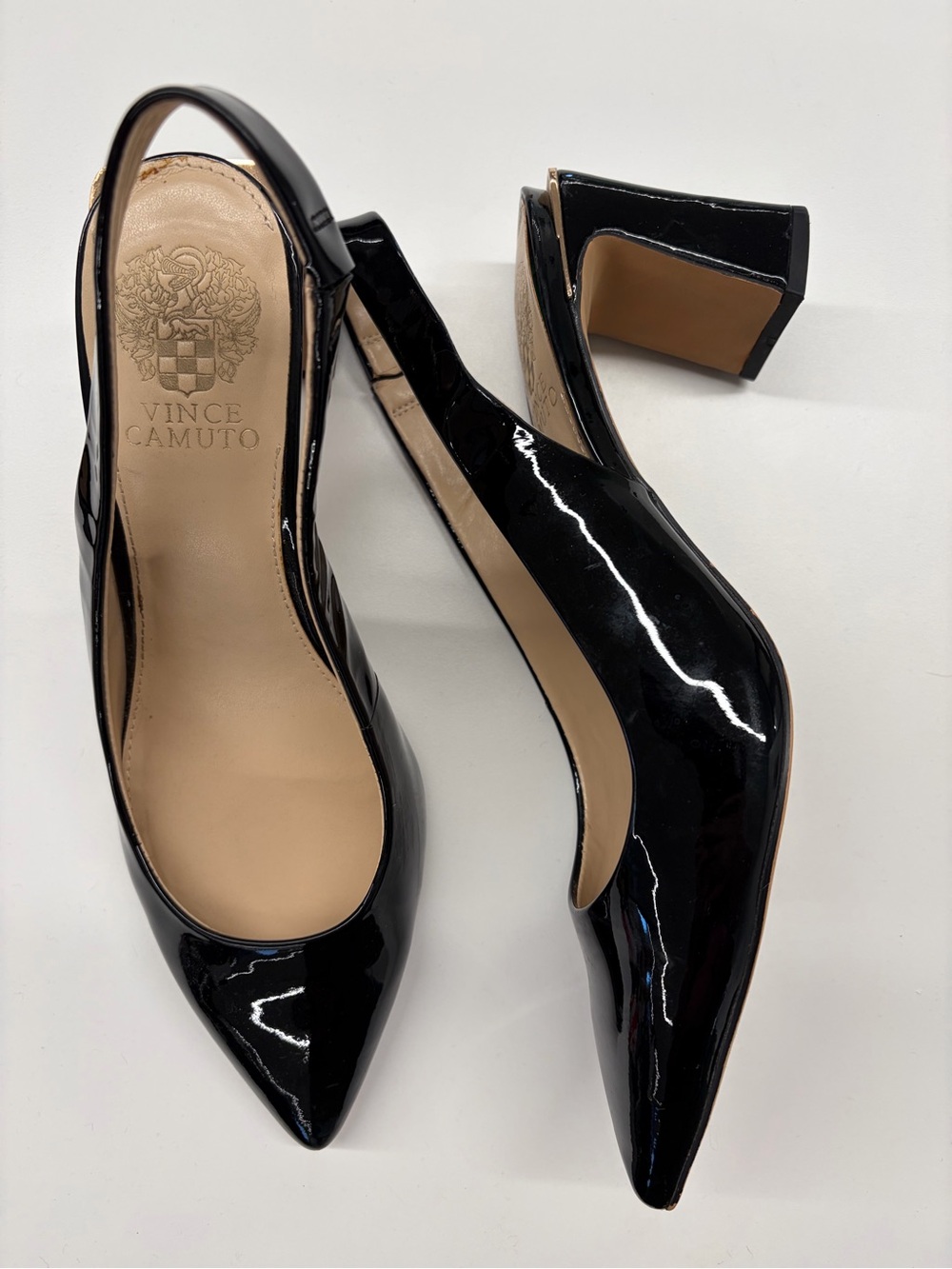 Vince Camuto Black Patent Pointed-Toe Slingback Block Heels
